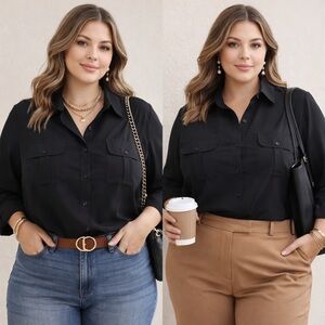 Women’s beautiful 1X pocket button down black blouse